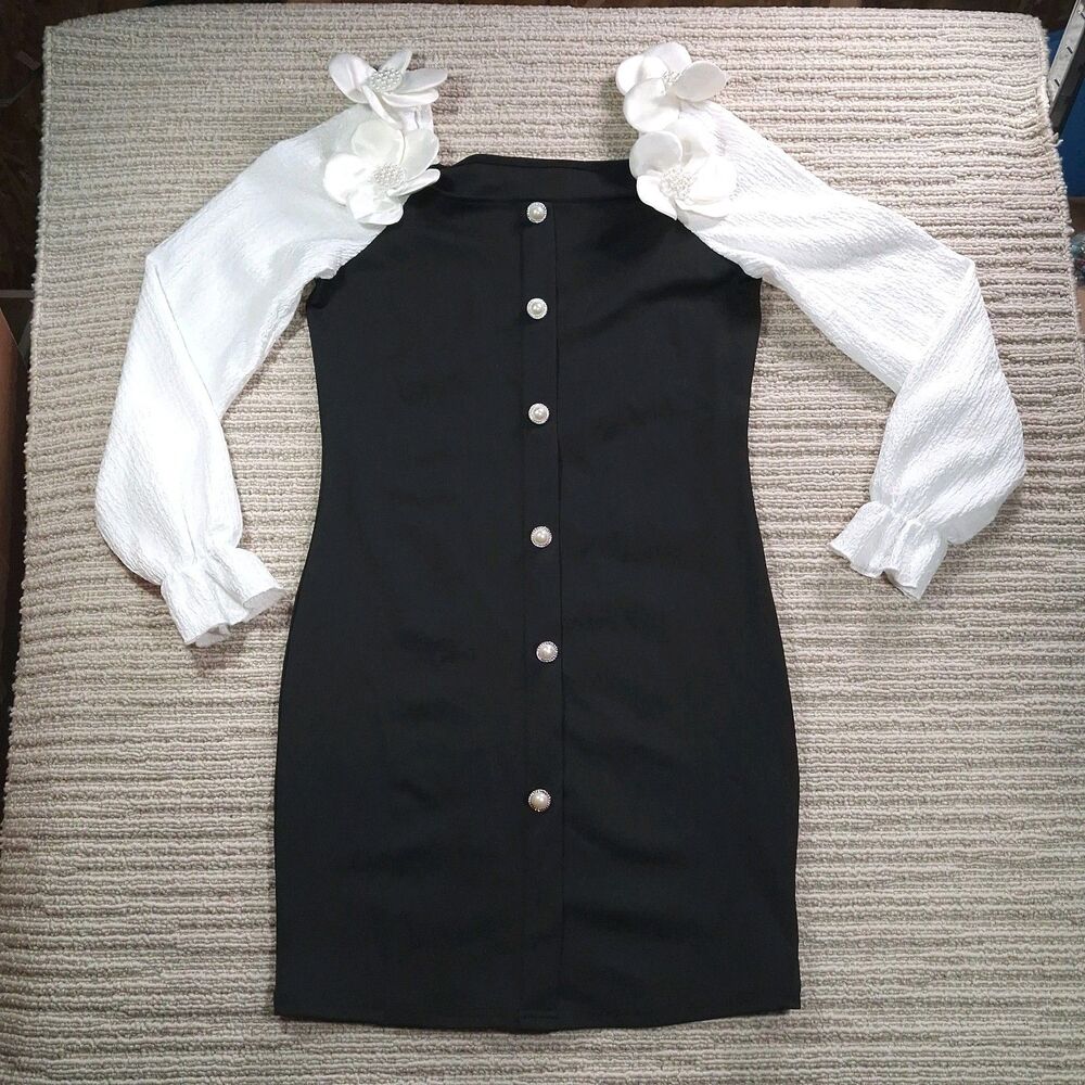 teen girl black white long sleeve pearl flower button bodycon mini dress 14y